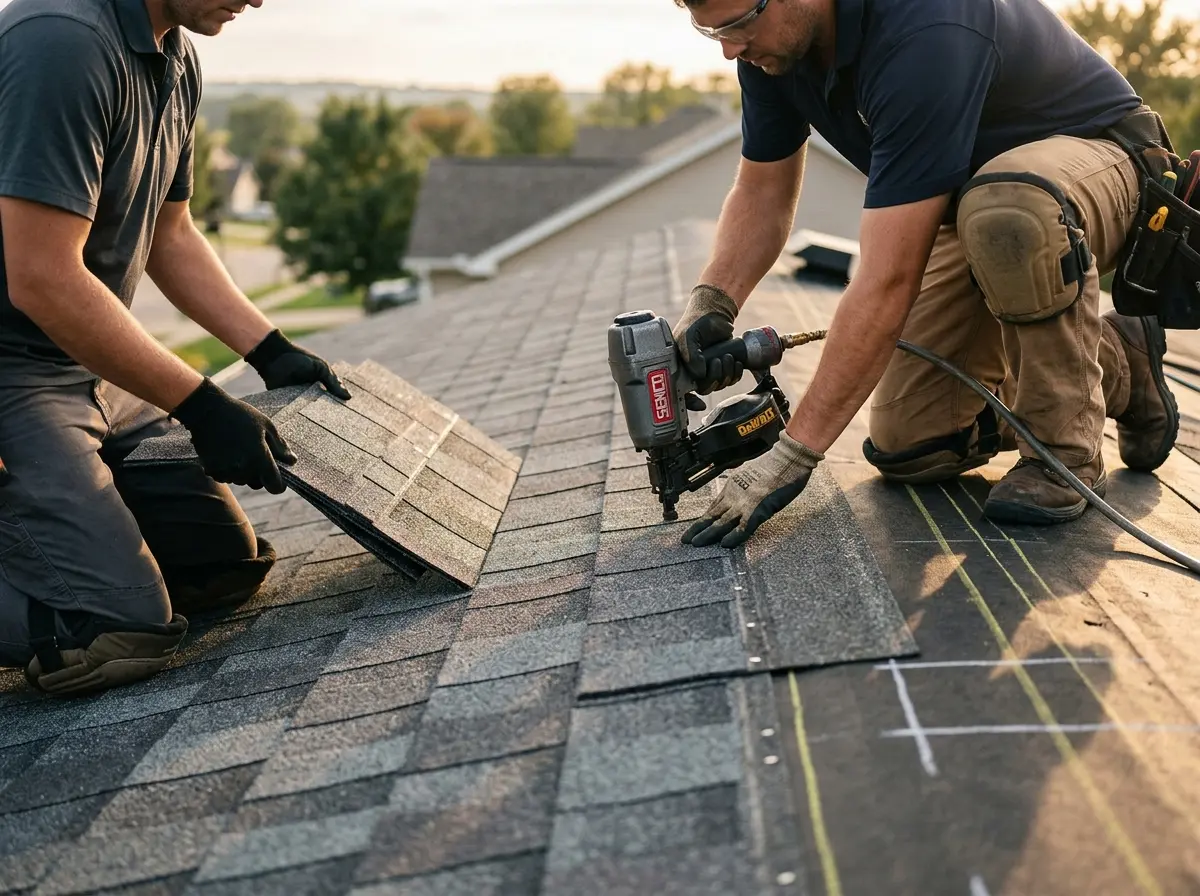 Professional roofer working on a residential roof in Jacinto City